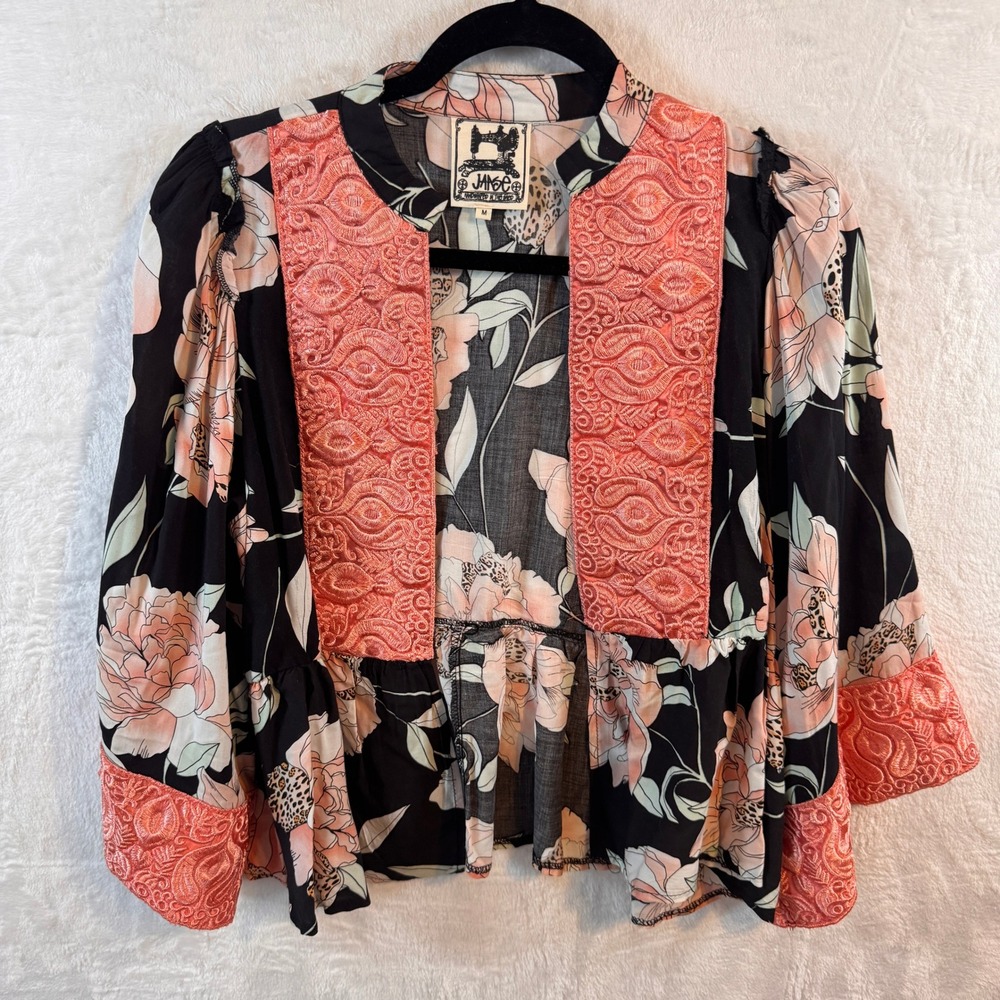 Jaase Handcrafted Floral Kimono Jacket‎ Coral Pink Embroidered Peplum Womens M